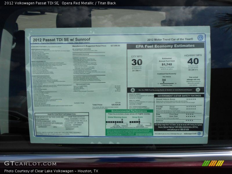 Opera Red Metallic / Titan Black 2012 Volkswagen Passat TDI SE