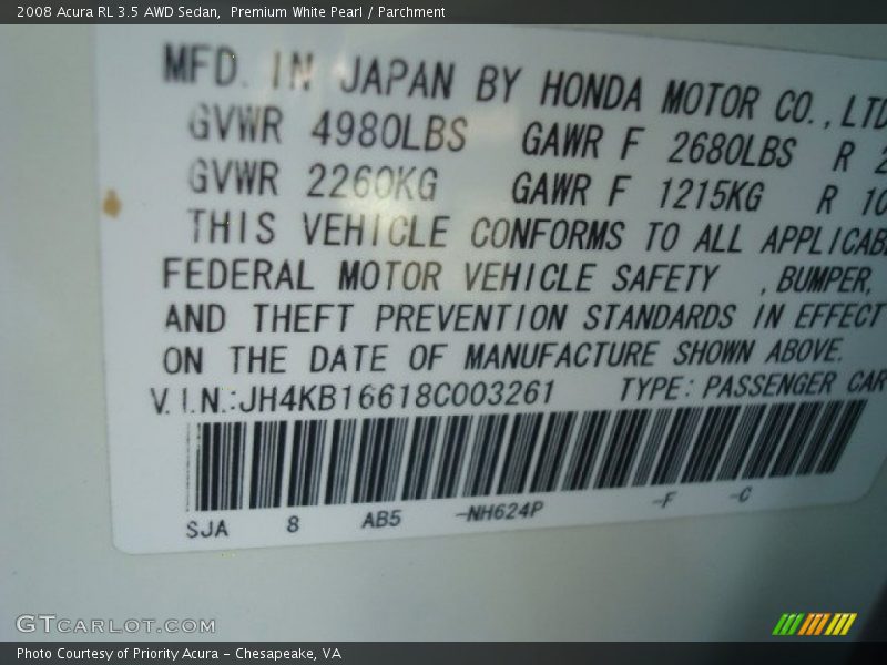2008 RL 3.5 AWD Sedan Premium White Pearl Color Code NH624P