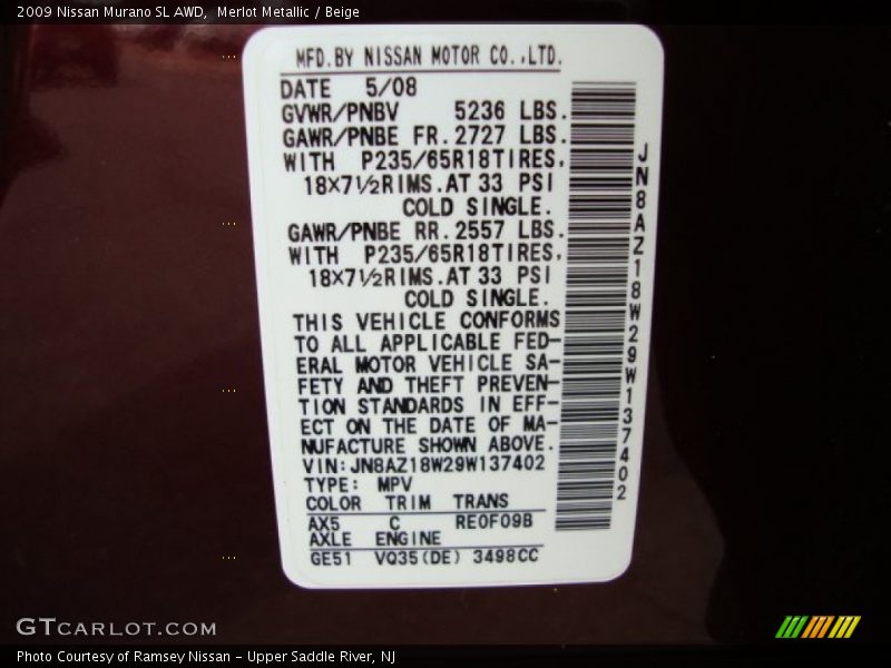 Merlot Metallic / Beige 2009 Nissan Murano SL AWD