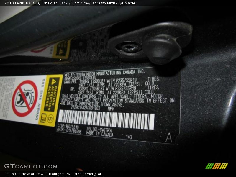 Obsidian Black / Light Gray/Espresso Birds-Eye Maple 2010 Lexus RX 350