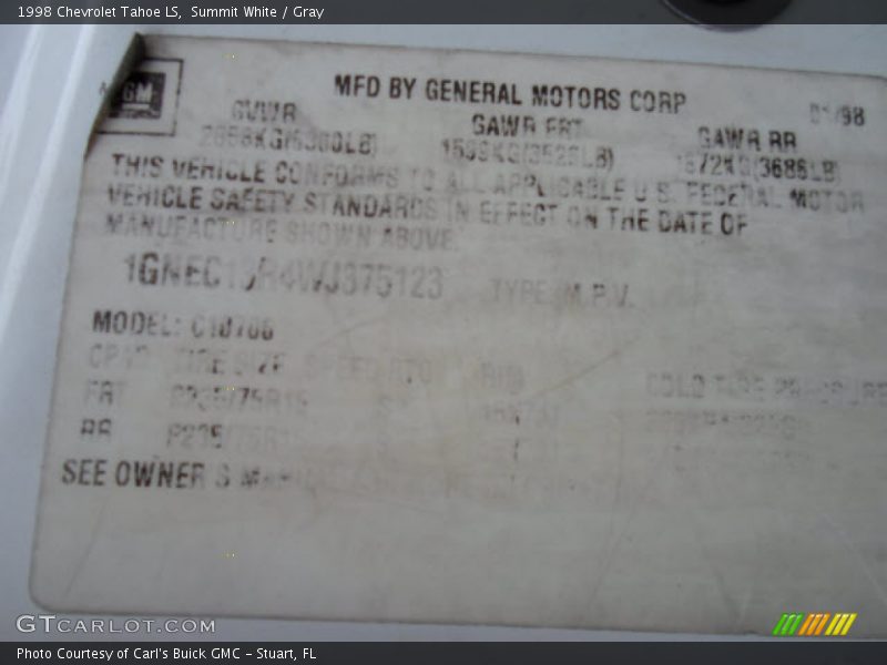 Summit White / Gray 1998 Chevrolet Tahoe LS