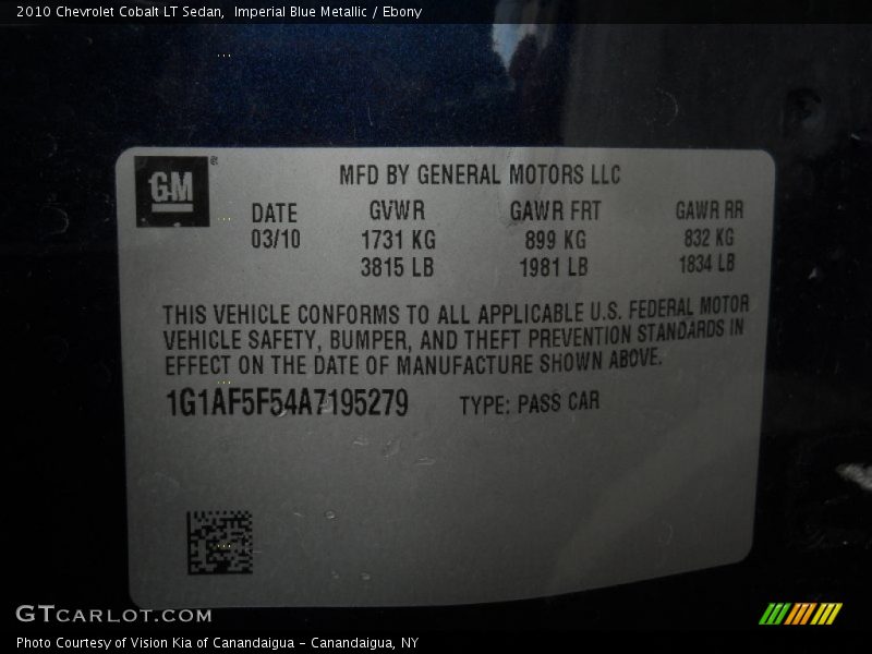 Imperial Blue Metallic / Ebony 2010 Chevrolet Cobalt LT Sedan