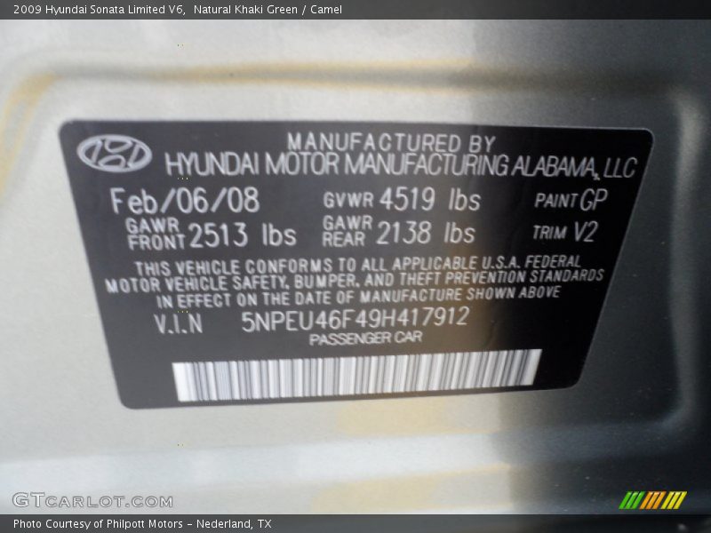 2009 Sonata Limited V6 Natural Khaki Green Color Code GP