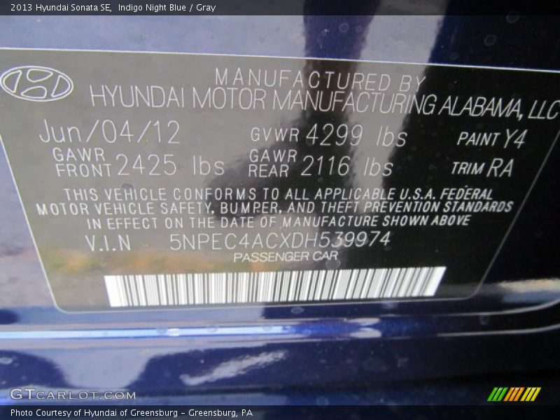 Indigo Night Blue / Gray 2013 Hyundai Sonata SE