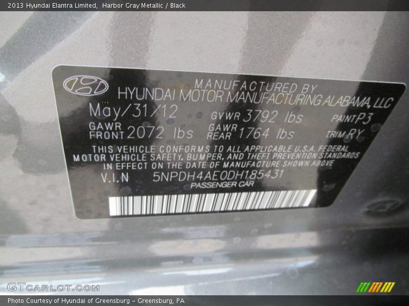 Harbor Gray Metallic / Black 2013 Hyundai Elantra Limited