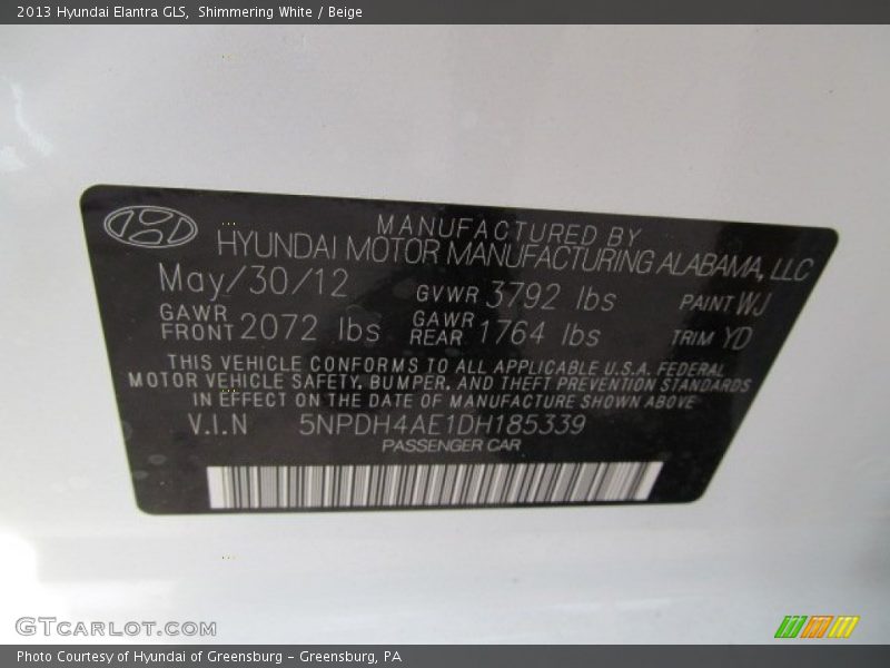 Shimmering White / Beige 2013 Hyundai Elantra GLS