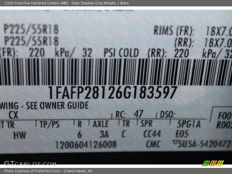 2006 Five Hundred Limited AWD Dark Shadow Grey Metallic Color Code CX