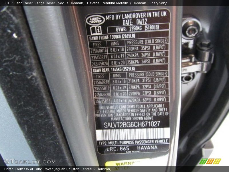 2012 Range Rover Evoque Dynamic Havana Premium Metallic Color Code 865
