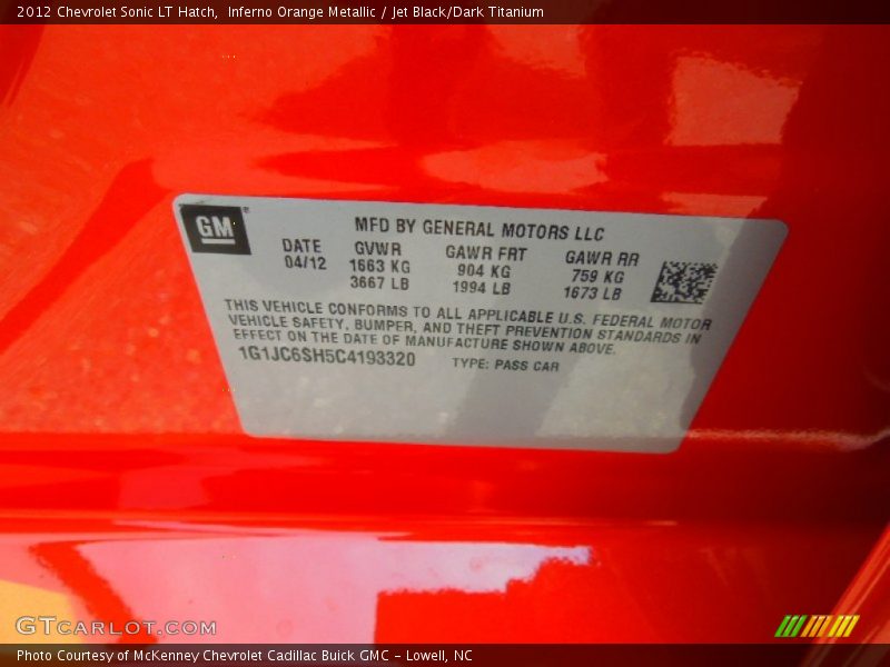 Inferno Orange Metallic / Jet Black/Dark Titanium 2012 Chevrolet Sonic LT Hatch