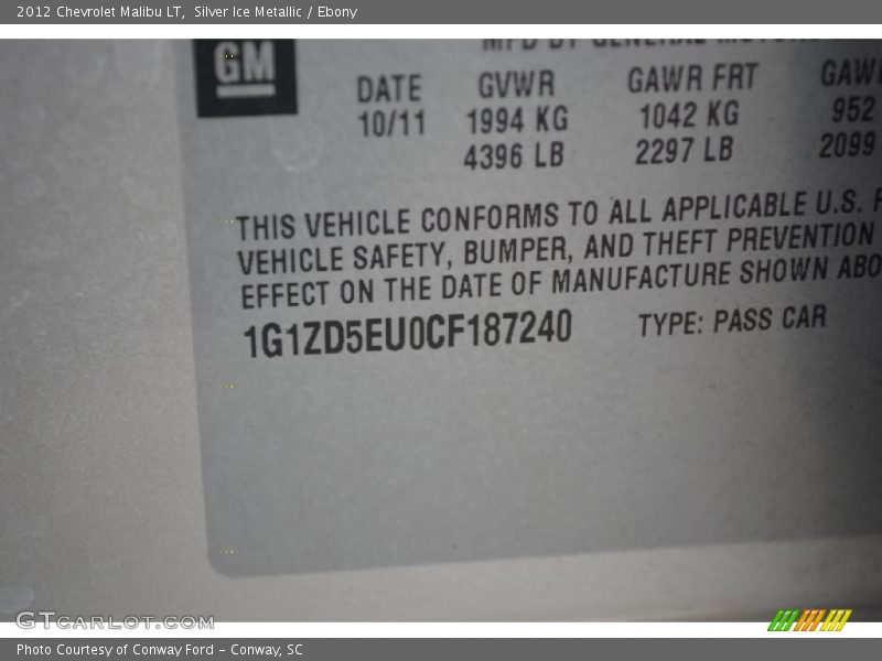 Silver Ice Metallic / Ebony 2012 Chevrolet Malibu LT