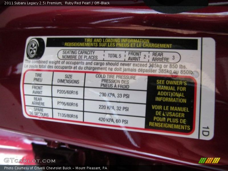 Ruby Red Pearl / Off-Black 2011 Subaru Legacy 2.5i Premium