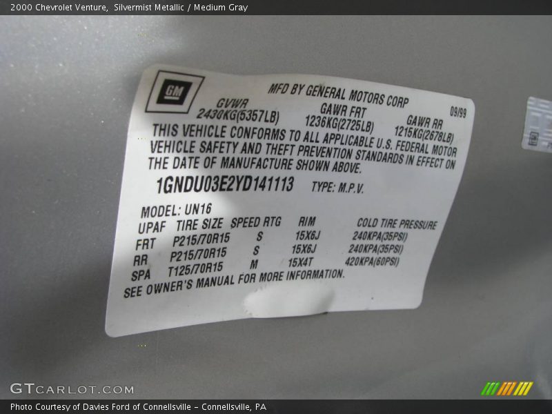 Silvermist Metallic / Medium Gray 2000 Chevrolet Venture