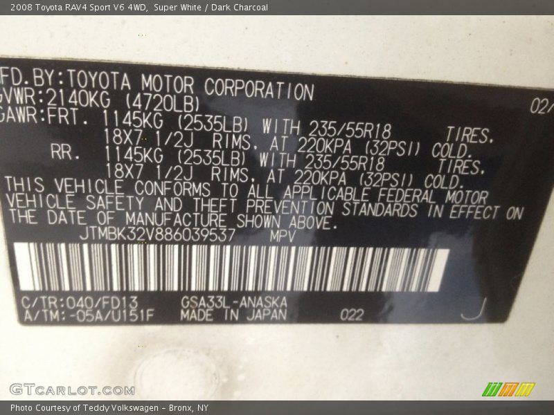 Super White / Dark Charcoal 2008 Toyota RAV4 Sport V6 4WD