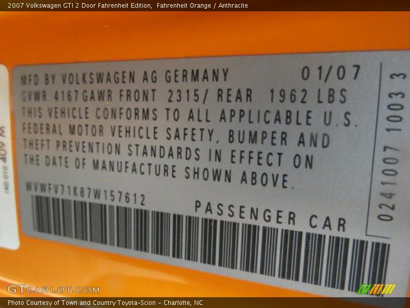 Fahrenheit Orange / Anthracite 2007 Volkswagen GTI 2 Door Fahrenheit Edition