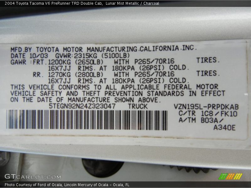 Lunar Mist Metallic / Charcoal 2004 Toyota Tacoma V6 PreRunner TRD Double Cab