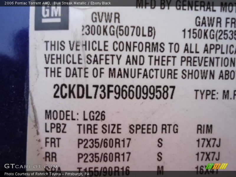 Blue Streak Metallic / Ebony Black 2006 Pontiac Torrent AWD