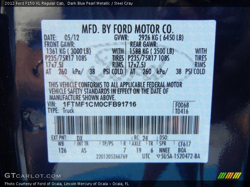 2012 F150 XL Regular Cab Dark Blue Pearl Metallic Color Code DX