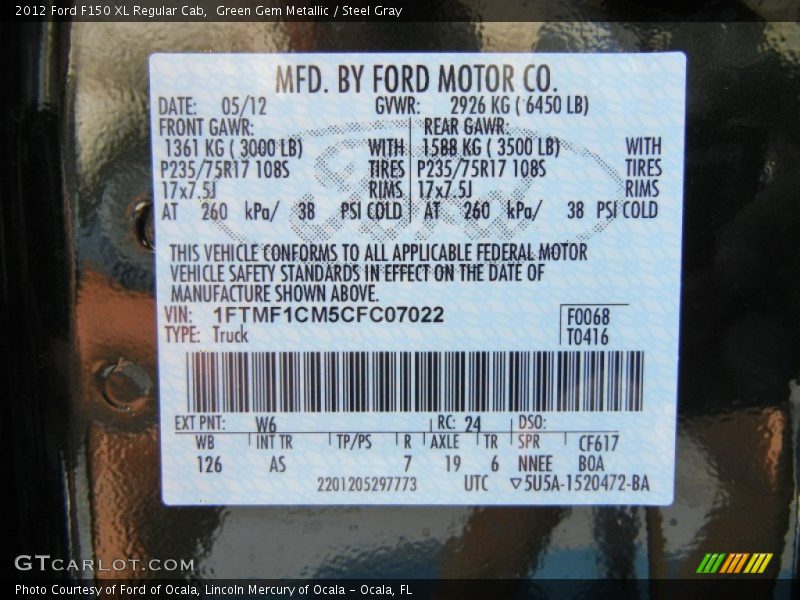 2012 F150 XL Regular Cab Green Gem Metallic Color Code W6