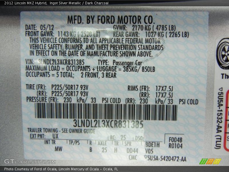 Ingot Silver Metallic / Dark Charcoal 2012 Lincoln MKZ Hybrid
