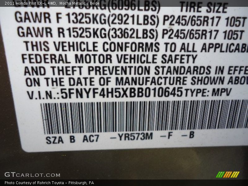 2011 Pilot EX-L 4WD Mocha Metallic Color Code YR573M