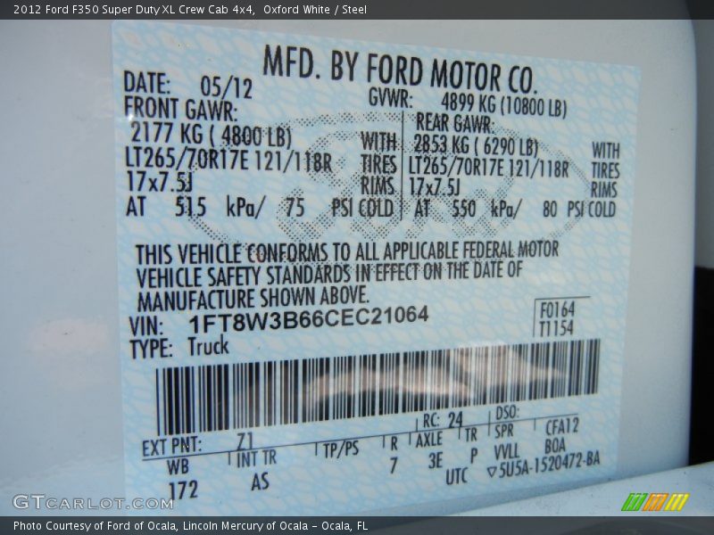 2012 F350 Super Duty XL Crew Cab 4x4 Oxford White Color Code Z1