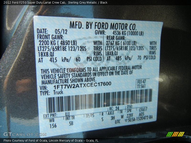 2012 F250 Super Duty Lariat Crew Cab Sterling Grey Metallic Color Code UJ