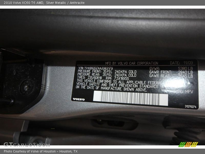 Silver Metallic / Anthracite 2010 Volvo XC60 T6 AWD