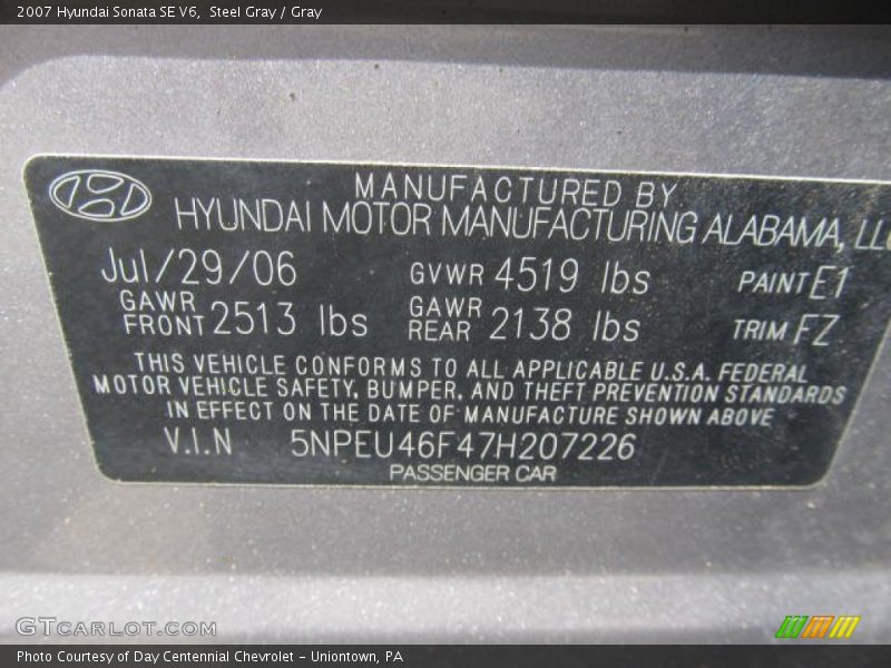 2007 Sonata SE V6 Steel Gray Color Code E1