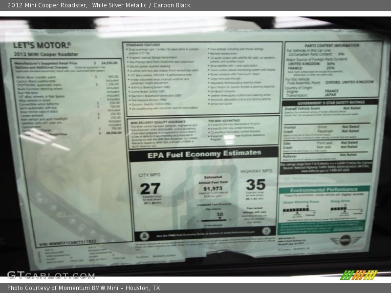  2012 Cooper Roadster Window Sticker