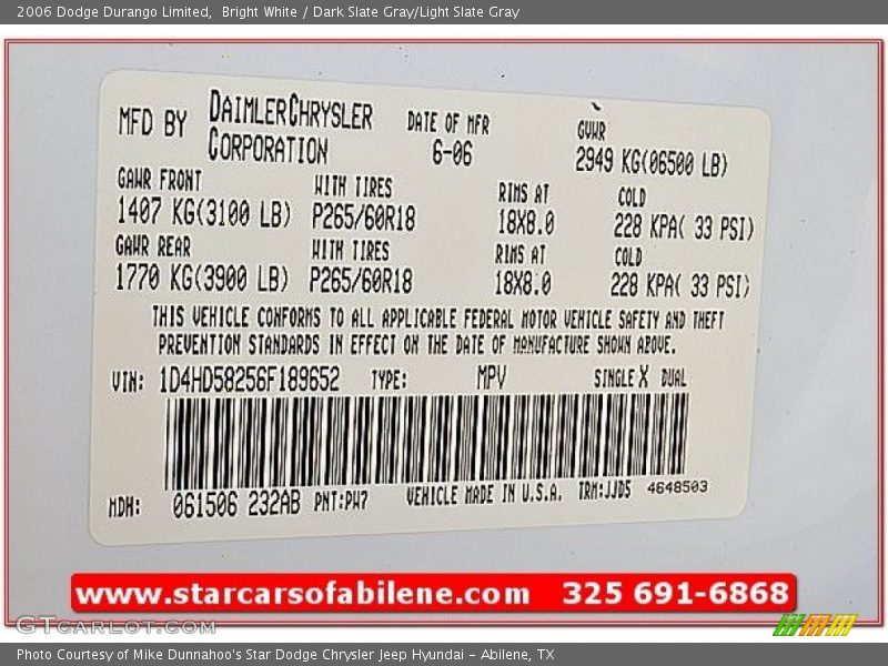 Bright White / Dark Slate Gray/Light Slate Gray 2006 Dodge Durango Limited