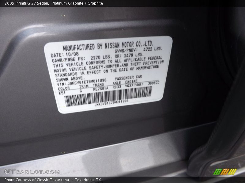 Platinum Graphite / Graphite 2009 Infiniti G 37 Sedan