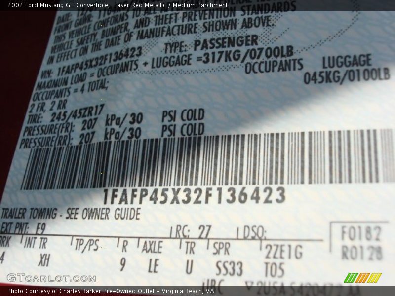 2002 Mustang GT Convertible Laser Red Metallic Color Code E9