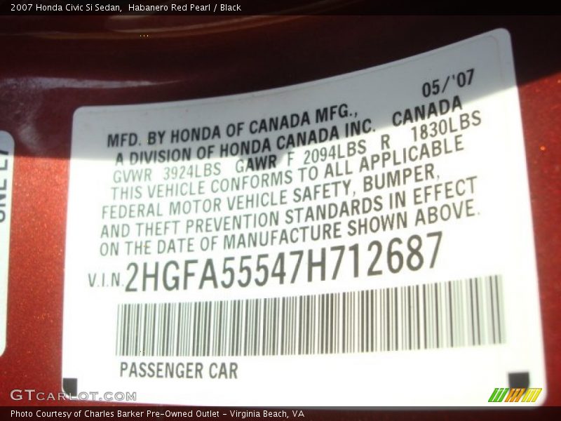 Habanero Red Pearl / Black 2007 Honda Civic Si Sedan