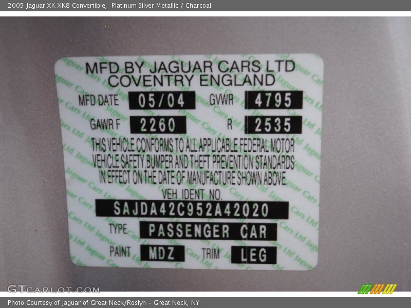 2005 XK XK8 Convertible Platinum Silver Metallic Color Code MDZ