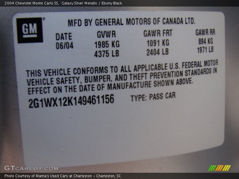Galaxy Silver Metallic / Ebony Black 2004 Chevrolet Monte Carlo SS