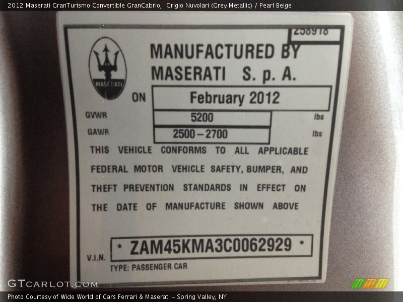 Grigio Nuvolari (Grey Metallic) / Pearl Beige 2012 Maserati GranTurismo Convertible GranCabrio