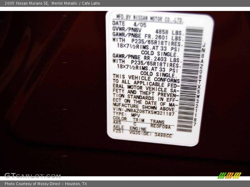 Merlot Metallic / Cafe Latte 2005 Nissan Murano SE