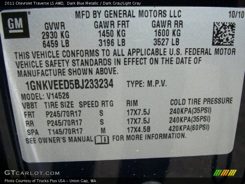 Dark Blue Metallic / Dark Gray/Light Gray 2011 Chevrolet Traverse LS AWD