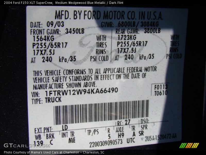 2004 F150 XLT SuperCrew Medium Wedgewood Blue Metallic Color Code LD