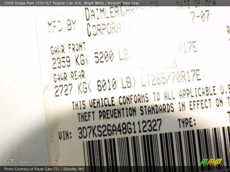 Bright White / Medium Slate Gray 2008 Dodge Ram 2500 SLT Regular Cab 4x4