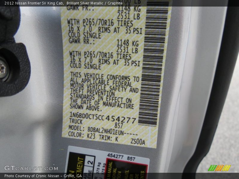 Brilliant Silver Metallic / Graphite 2012 Nissan Frontier SV King Cab