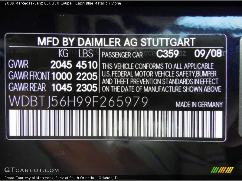 2009 CLK 350 Coupe Capri Blue Metallic Color Code 359