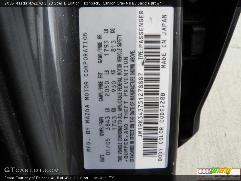 2005 MAZDA3 SP23 Special Edition Hatchback Carbon Gray Mica Color Code 28B