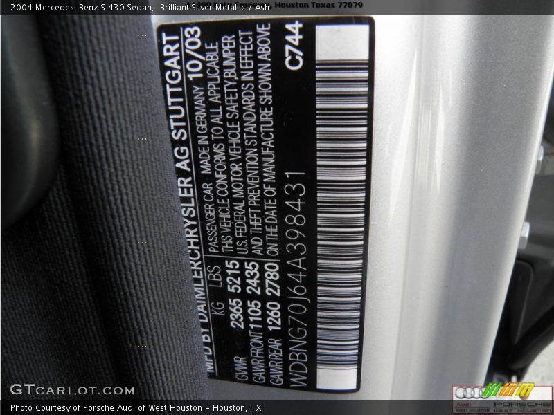 Brilliant Silver Metallic / Ash 2004 Mercedes-Benz S 430 Sedan