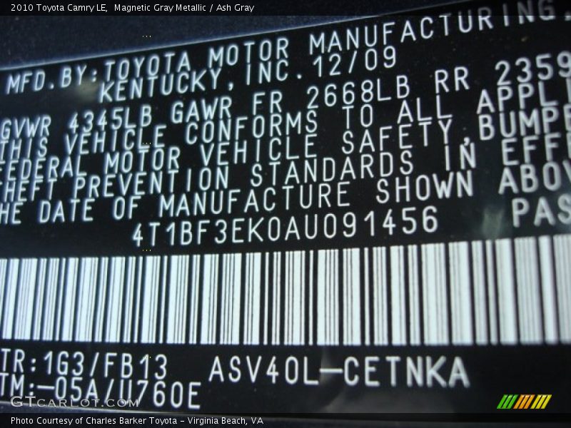 Magnetic Gray Metallic / Ash Gray 2010 Toyota Camry LE
