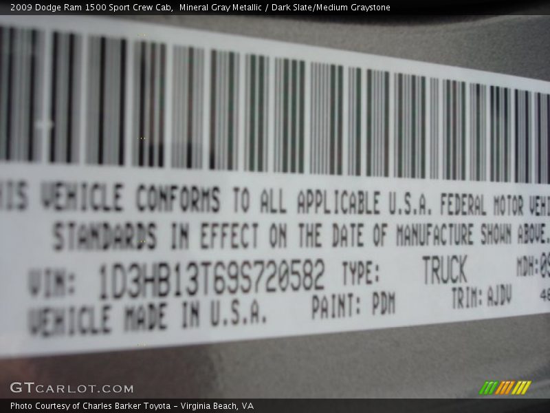 Mineral Gray Metallic / Dark Slate/Medium Graystone 2009 Dodge Ram 1500 Sport Crew Cab