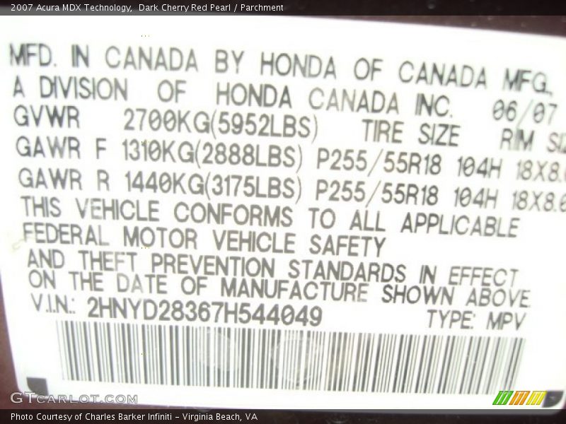 Dark Cherry Red Pearl / Parchment 2007 Acura MDX Technology