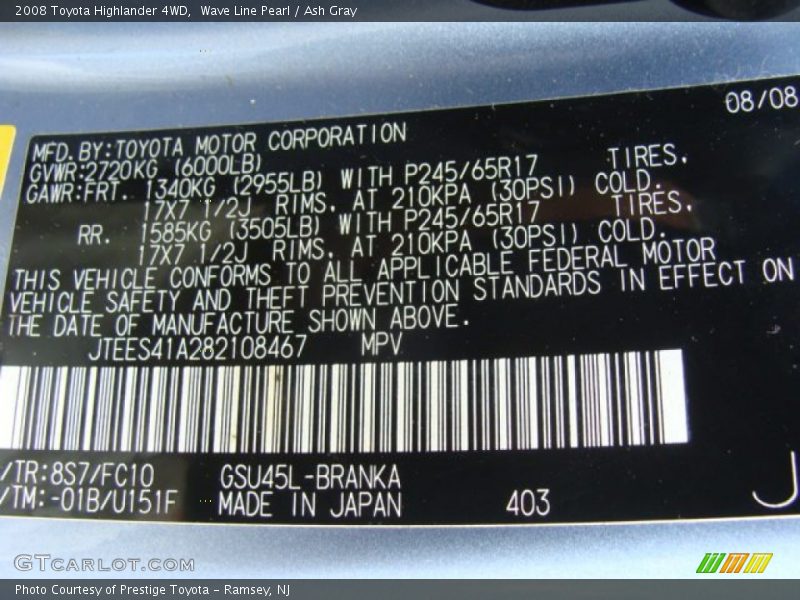2008 Highlander 4WD Wave Line Pearl Color Code 8S7