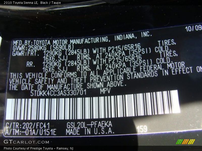 Black / Taupe 2010 Toyota Sienna LE