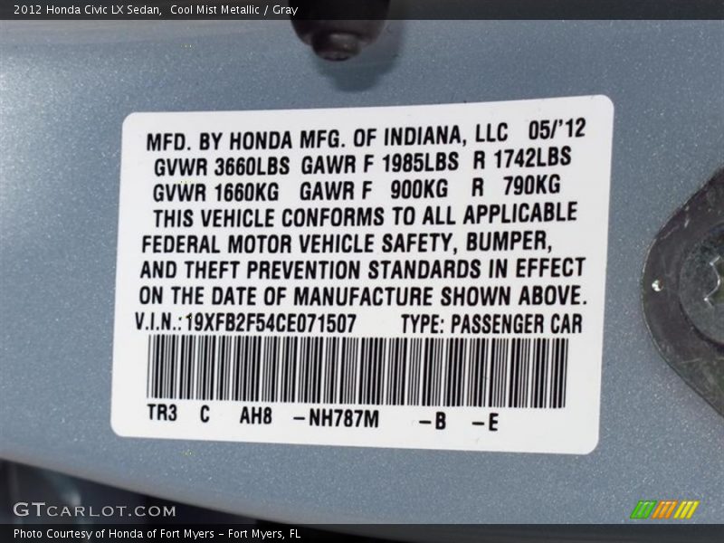 Cool Mist Metallic / Gray 2012 Honda Civic LX Sedan